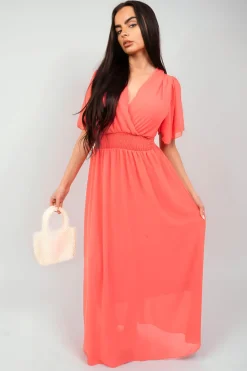 Coral Elsie Smocked Waist V Neck Short Sleeve Flowy Maxi Dress<IKRUSH Sale