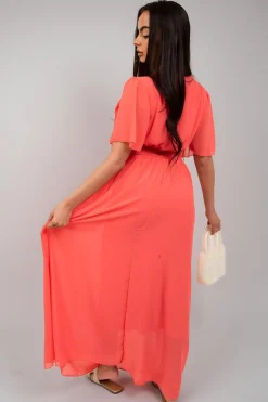 Coral Elsie Smocked Waist V Neck Short Sleeve Flowy Maxi Dress<IKRUSH Sale