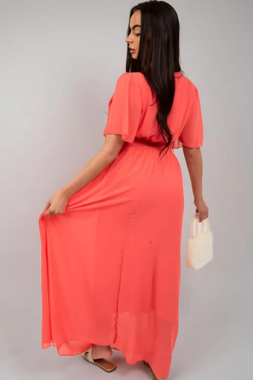 Coral Elsie Smocked Waist V Neck Short Sleeve Flowy Maxi Dress<IKRUSH Sale