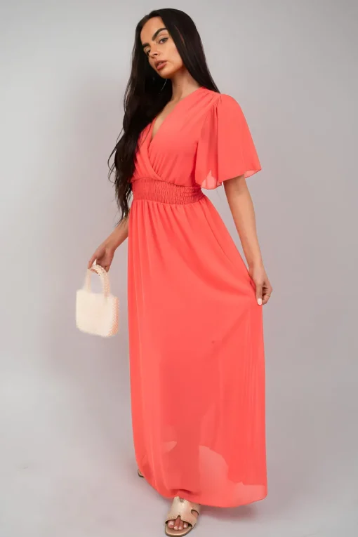 Coral Elsie Smocked Waist V Neck Short Sleeve Flowy Maxi Dress<IKRUSH Sale