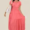 Coral Emmy Smocked Waist Tiered Midi Dress<IKRUSH New