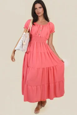 Coral Emmy Smocked Waist Tiered Midi Dress<IKRUSH New
