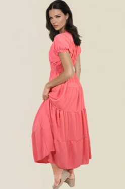 Coral Emmy Smocked Waist Tiered Midi Dress<IKRUSH New