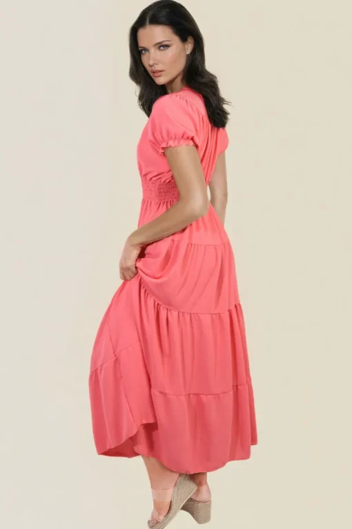 Coral Emmy Smocked Waist Tiered Midi Dress<IKRUSH New