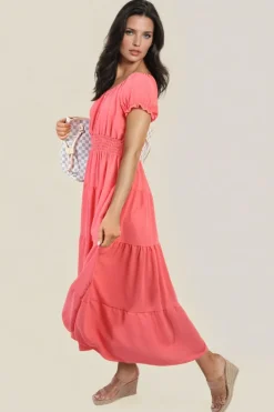 Coral Emmy Smocked Waist Tiered Midi Dress<IKRUSH New