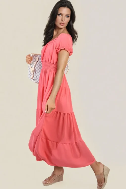 Coral Emmy Smocked Waist Tiered Midi Dress<IKRUSH New