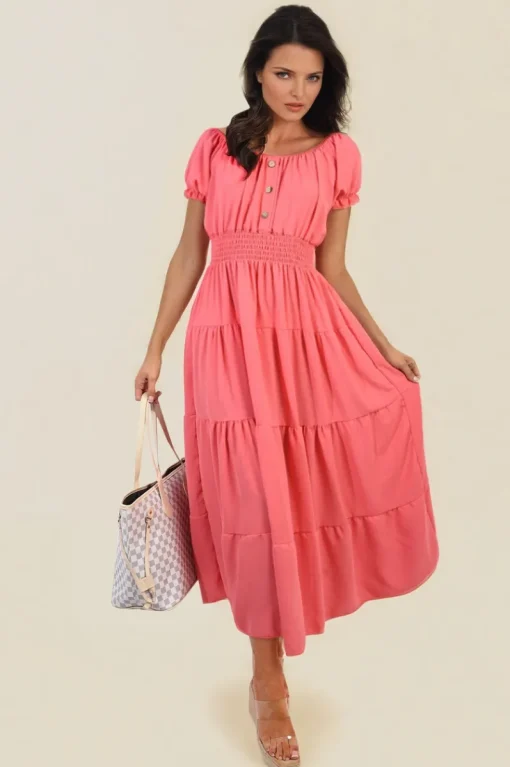 Coral Emmy Smocked Waist Tiered Midi Dress<IKRUSH New