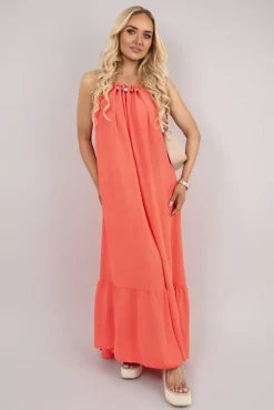 Coral Sarai Sleeveless Beaded Halter Neck Maxi Dress with Tiered Hem<IKRUSH Discount