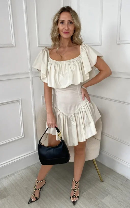 Cream Amara Off Shoulder Ruffle Sleeve Printed Mini Dress<IKRUSH Fashion