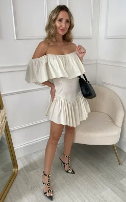 Cream Amara Off Shoulder Ruffle Sleeve Printed Mini Dress<IKRUSH Fashion