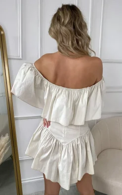 Cream Amara Off Shoulder Ruffle Sleeve Printed Mini Dress<IKRUSH Fashion