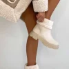 Cream Cassie Faux Leather Fluffy Bow Ankle Boots<IKRUSH Fashion