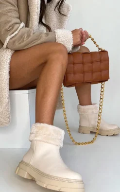 Cream Cassie Faux Leather Fluffy Bow Ankle Boots<IKRUSH Fashion
