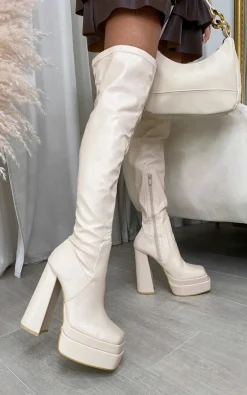 Cream Celeste Block Heel Knee High Boots<IKRUSH Fashion