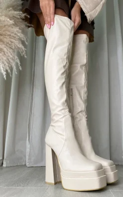 Cream Celeste Block Heel Knee High Boots<IKRUSH Fashion
