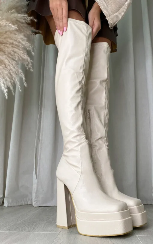 Cream Celeste Block Heel Knee High Boots<IKRUSH Fashion