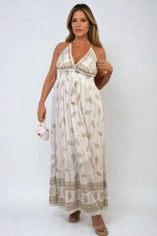 Cream Julia Dazzling Leaf Print Spaghetti Strap Maxi Dress<IKRUSH New