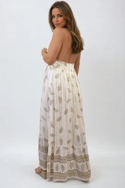 Cream Julia Dazzling Leaf Print Spaghetti Strap Maxi Dress<IKRUSH New