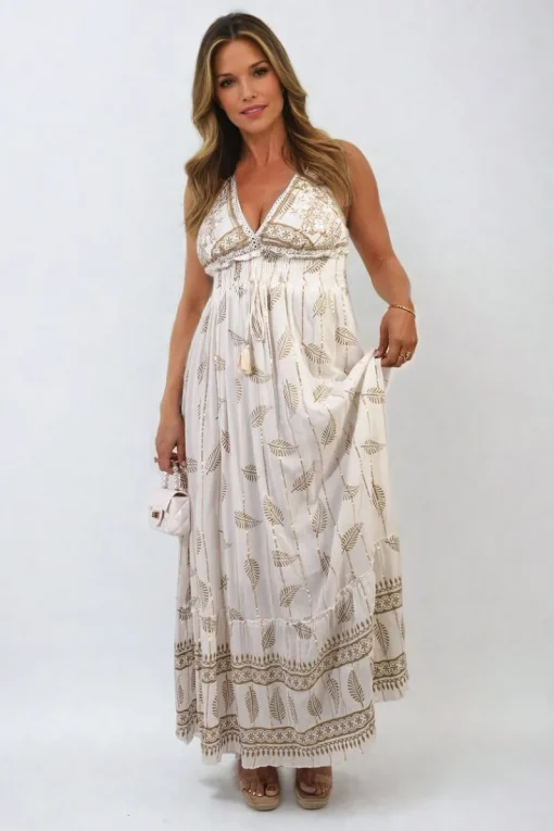Cream Julia Dazzling Leaf Print Spaghetti Strap Maxi Dress<IKRUSH New