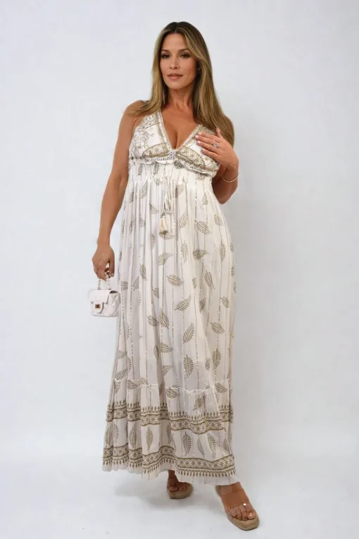 Cream Julia Dazzling Leaf Print Spaghetti Strap Maxi Dress<IKRUSH New