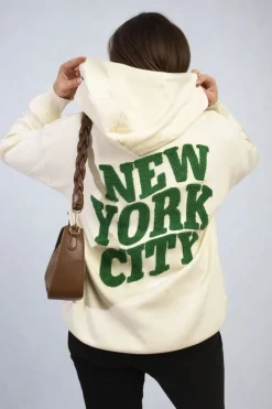Cream Karen New York City Print Knitted Hoodie<IKRUSH Online
