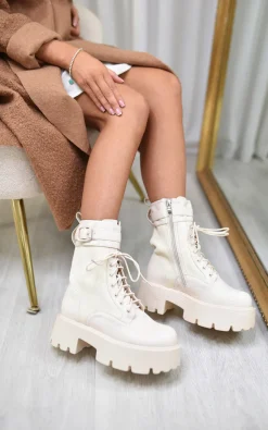 Cream Leo Block Heel Chunky Ankle Boots<IKRUSH New