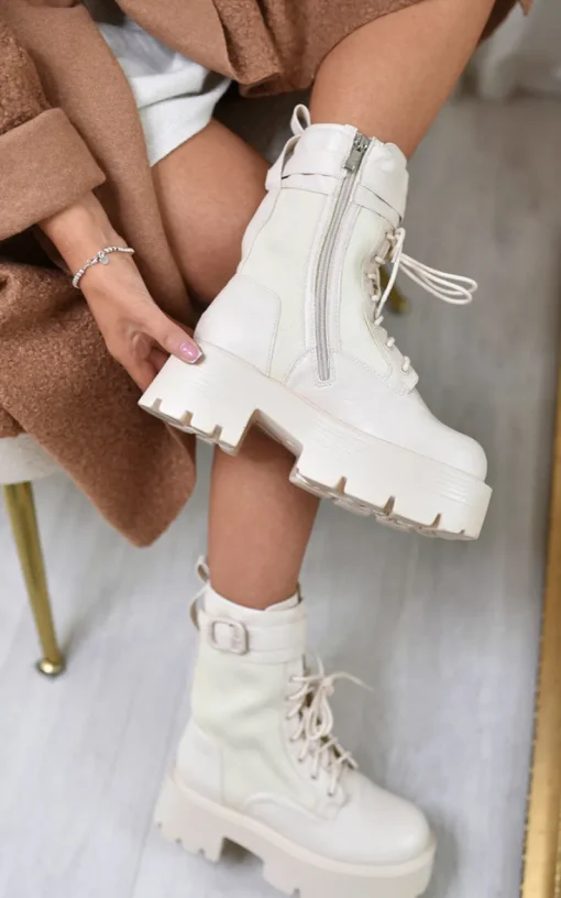 Cream Leo Block Heel Chunky Ankle Boots<IKRUSH New