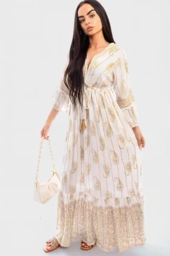 Cream Maya V-neck Tassel Detail Embellished Boho Maxi Dress<IKRUSH Online