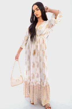 Cream Maya V-neck Tassel Detail Embellished Boho Maxi Dress<IKRUSH Online