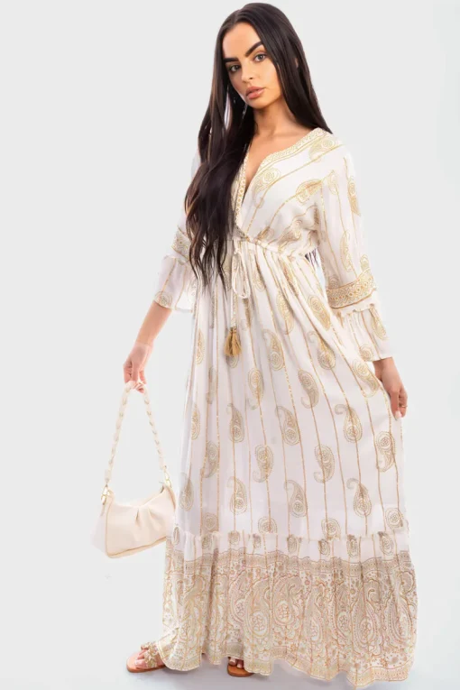 Cream Maya V-neck Tassel Detail Embellished Boho Maxi Dress<IKRUSH Online