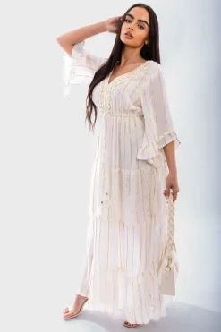 Cream Melina Embellished Boho Flounce Sleeve Maxi Dress<IKRUSH Fashion
