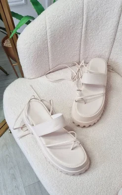 Cream Morgan Faux Leather Strappy Lace Up Sandals<IKRUSH Sale