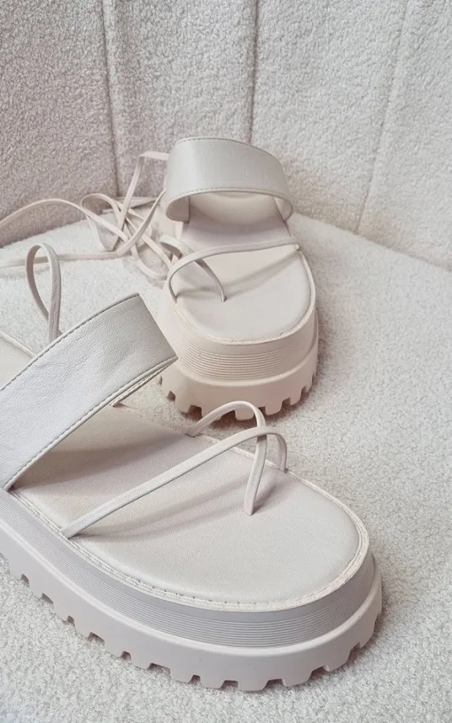 Cream Morgan Faux Leather Strappy Lace Up Sandals<IKRUSH Sale