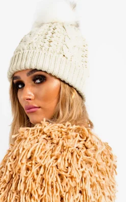 Cream Tammy Faux Fur Lined Pom Pom Hat<IKRUSH Best