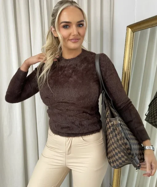 Dark brown Stella Fitted Long Sleeve Fluffy Knitted Top<IKRUSH Discount