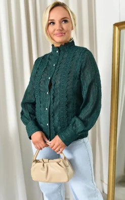 Dark green Azalea High Neck Button Down Long Sleeve Blouse<IKRUSH Clearance
