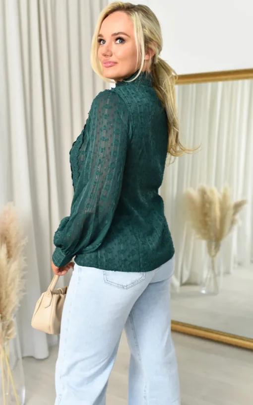 Dark green Azalea High Neck Button Down Long Sleeve Blouse<IKRUSH Clearance