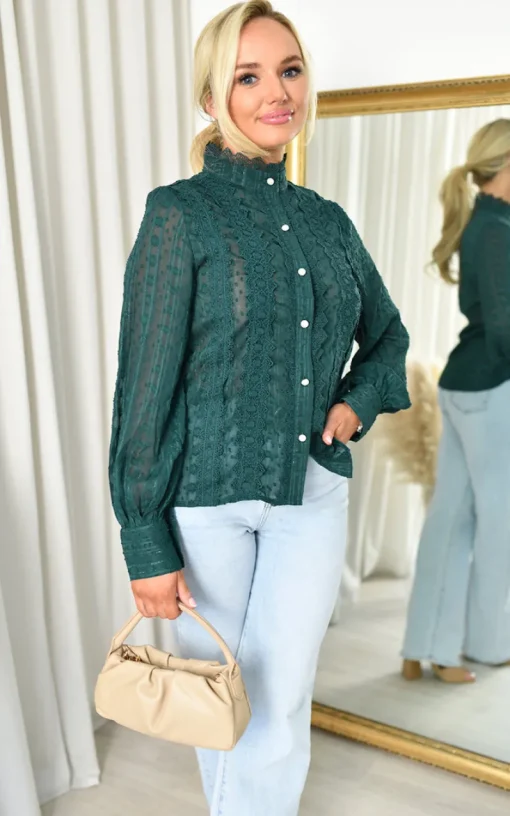 Dark green Azalea High Neck Button Down Long Sleeve Blouse<IKRUSH Clearance