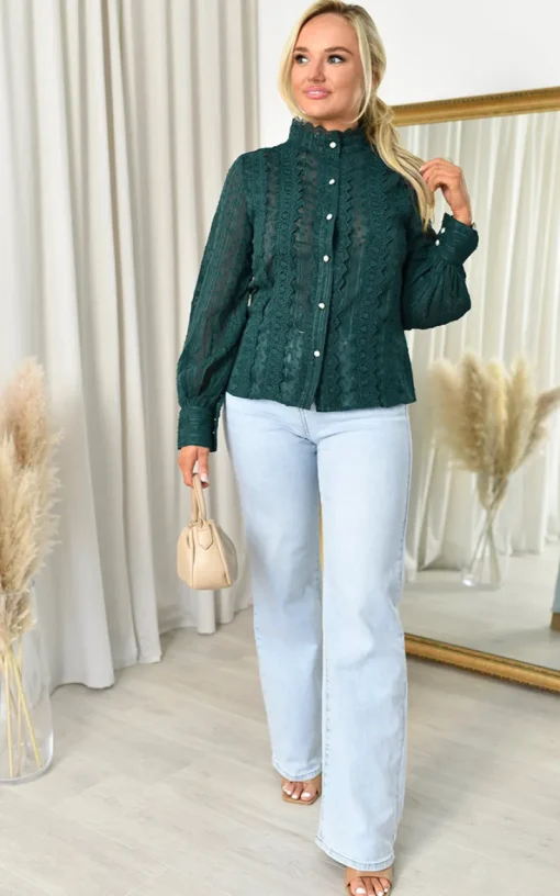 Dark green Azalea High Neck Button Down Long Sleeve Blouse<IKRUSH Clearance