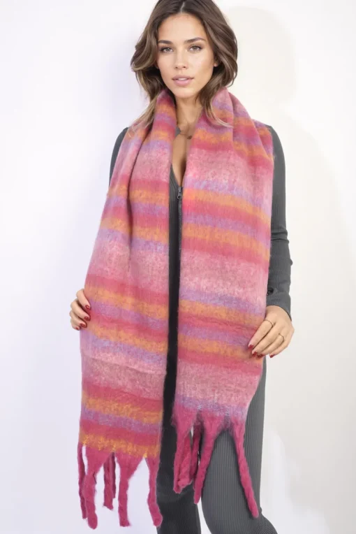 Dark pink Erin Striped Soft Comfortable Oversized Chunky Scarf with Tassel<IKRUSH Outlet