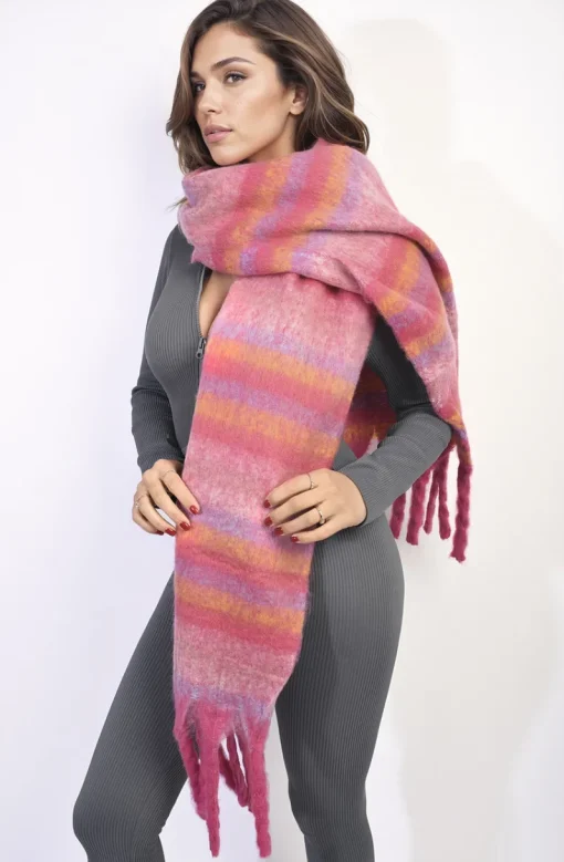 Dark pink Erin Striped Soft Comfortable Oversized Chunky Scarf with Tassel<IKRUSH Outlet