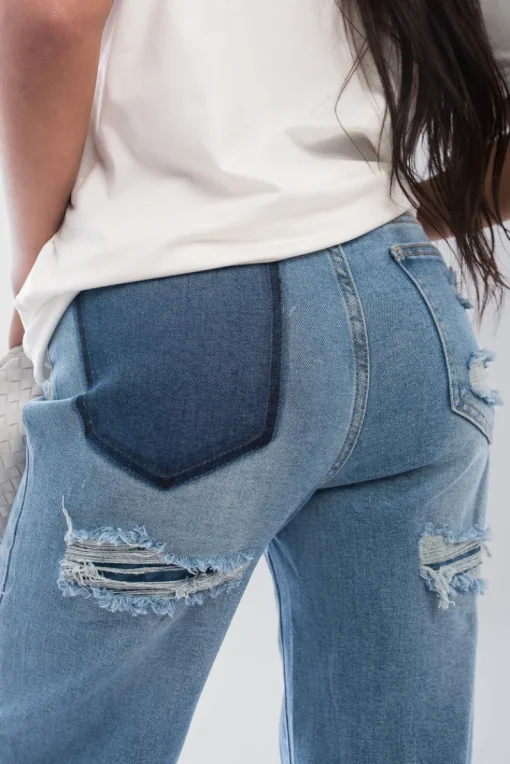 Denim Chana Back Statement Distressed Straight Leg Jeans<IKRUSH Online