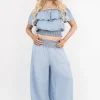 Denim Clarina Bardot Crop Top and Wide Leg Trousers Co-Ord with Smock Detail<IKRUSH Best