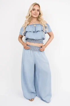 Denim Clarina Bardot Crop Top and Wide Leg Trousers Co-Ord with Smock Detail<IKRUSH Best