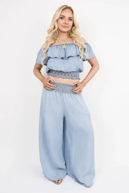 Denim Clarina Bardot Crop Top and Wide Leg Trousers Co-Ord with Smock Detail<IKRUSH Best