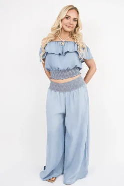Denim Clarina Bardot Crop Top and Wide Leg Trousers Co-Ord with Smock Detail<IKRUSH Best