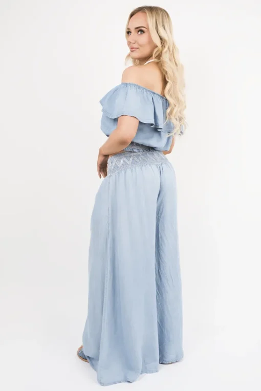 Denim Clarina Bardot Crop Top and Wide Leg Trousers Co-Ord with Smock Detail<IKRUSH Best