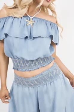 Denim Clarina Bardot Crop Top and Wide Leg Trousers Co-Ord with Smock Detail<IKRUSH Best