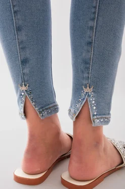 Denim Cora High Waisted Embellished Back Slit Ankle Skinny Jeans<IKRUSH Sale