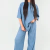 Denim Daniela Ribbed Oversized Top and Drawstring Wide Leg Trouser Co-ord Set<IKRUSH Online